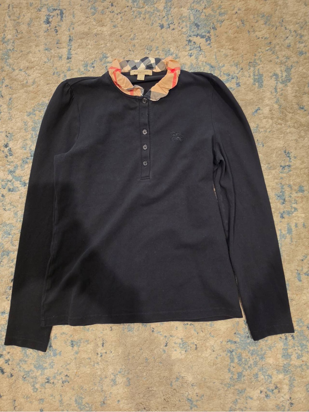 Burberry black Long-Sleeve Polo Top with Check Ruffle Collar